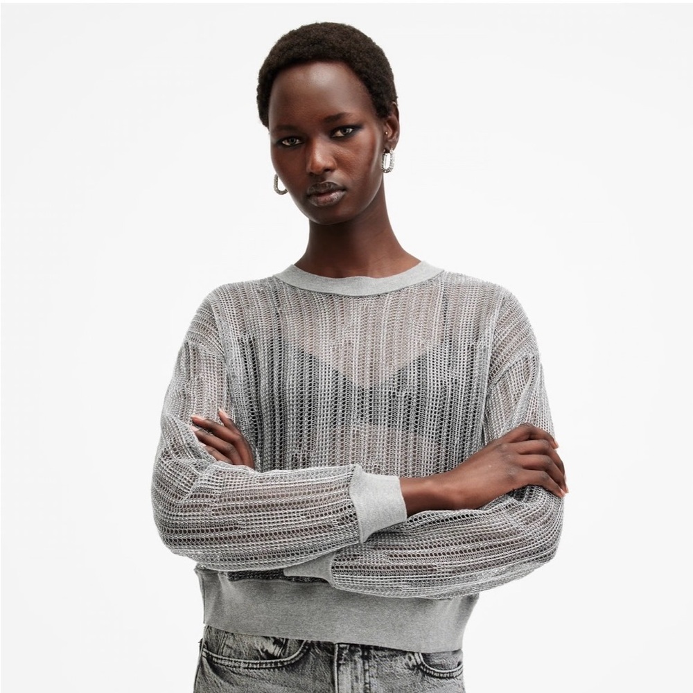 Allsaints Giana Long Sleeve Pullover Open Knit Sweatshirt Silver M